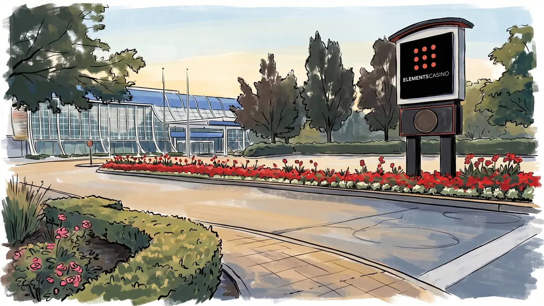 Elements Casino Surrey sign pylon behind red flowers